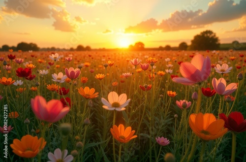 landscape of flower fields during sunset, a mix of wildflowers, bright colours, warm golden light, postcard, poster, cover 