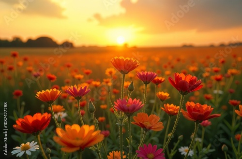 landscape of flower fields during sunset, a mix of wildflowers, bright colours, warm golden light, postcard, poster, cover 