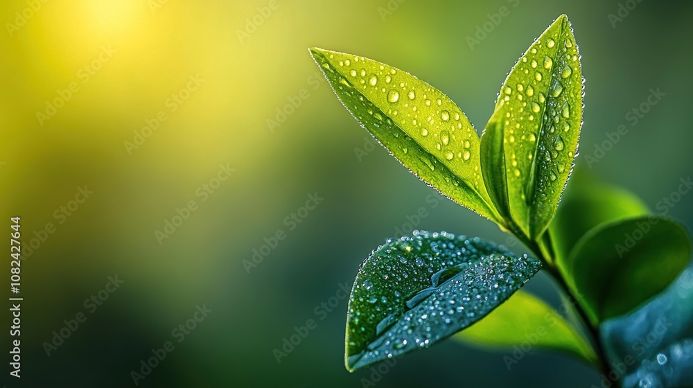 Fresh Green Leaves with Dew Drops Fresh Green Leaves with Dew Drops