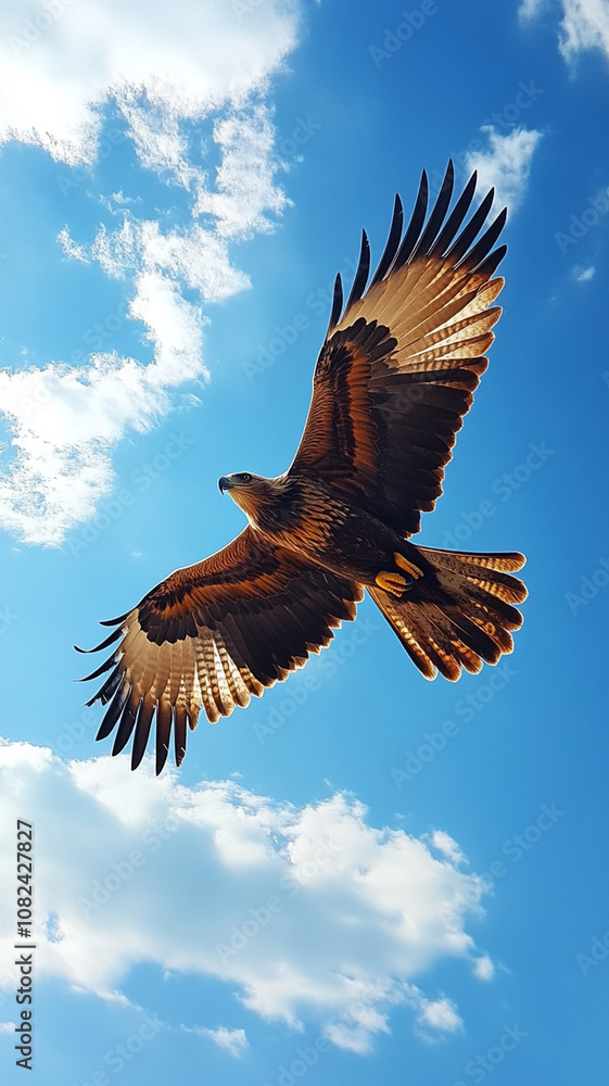 Eagle soaring through a bright blue sky, wings fully spread, with ample open sky for copy space. Eagle soaring through a bright blue sky, wings fully spread, with ample open sky for copy space.