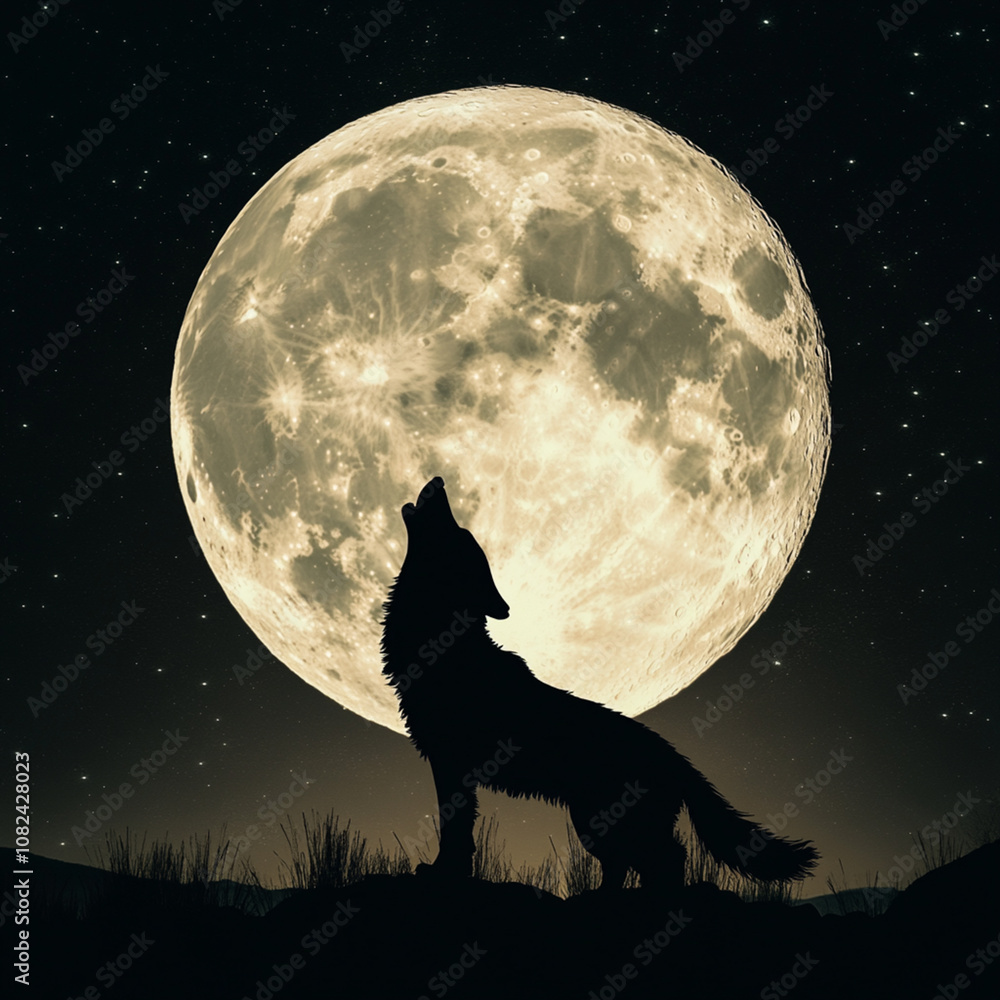 Silhouette of a wolf howling at a full moon, with a starry night sky providing ample space for copy. Silhouette of a wolf howling at a full moon, with a starry night sky providing ample space for copy.