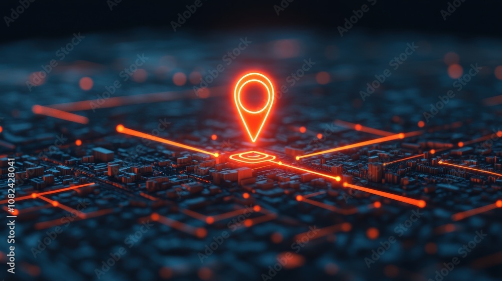 Futuristic digital map with glowing location pin representing navigation and connectivity in urban environments. Futuristic digital map with glowing location pin representing navigation and connectivity in urban environments.