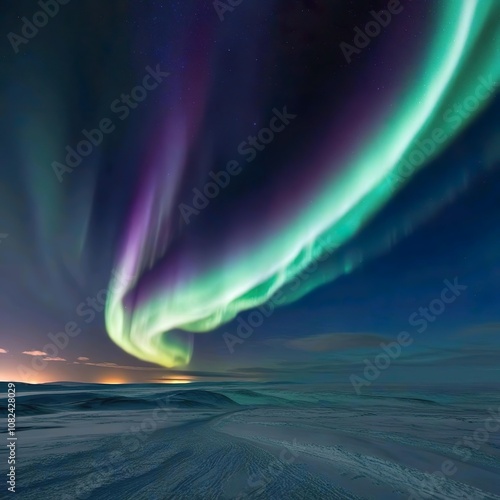 Aurora borealis sweeping across the night sky over a snowy landscape.  photo