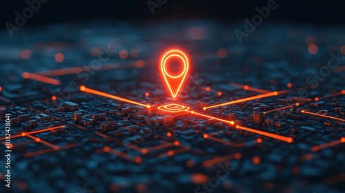 Futuristic digital map with glowing location pin representing navigation and connectivity in urban environments. photo