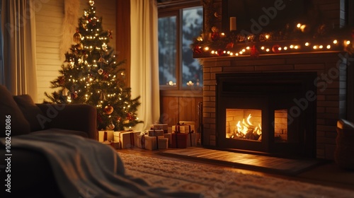 Cozy Christmas Scene with Tree and Fireplace