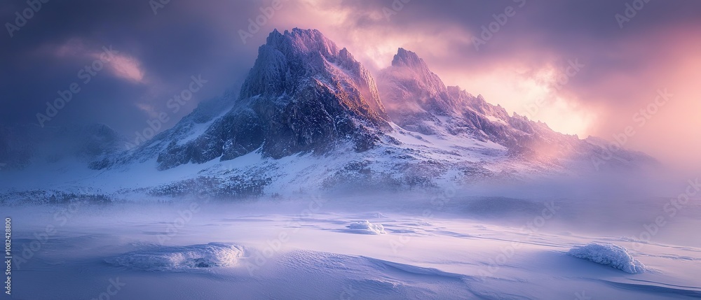 Naklejka premium A snowy landscape under dramatic clouds in a remote area showcasing the serene beauty of winter’s chill during daylight