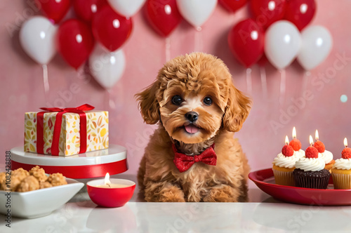 Red maltipoo dog First Birthday Celebration with Cake and Candle. photo