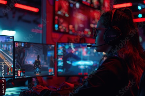 e sport EVENT live streamingA gamer wearing a headset plays intensely, surrounded by multiple screens displaying vibrant game graphics in a dimly lit, high-tech environment. photo