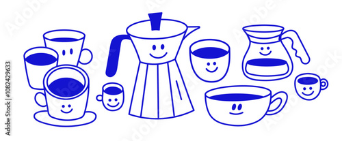 Vector logo design template and graphic elements for advertising, branding, posters and banners, funny cartoon illustrations with smiling character, coffee cup mascot, print and sticker