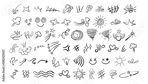 Vector hand drawn comic doodle symbols collection on transparent background