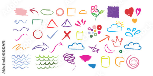 Vector hand drawn comic doodle symbols collection on transparent background