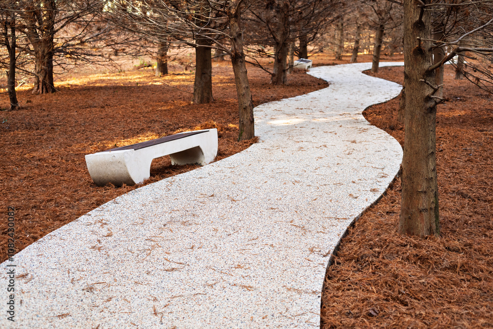 Curved gravel path through a park with bare trees and a modern bench.