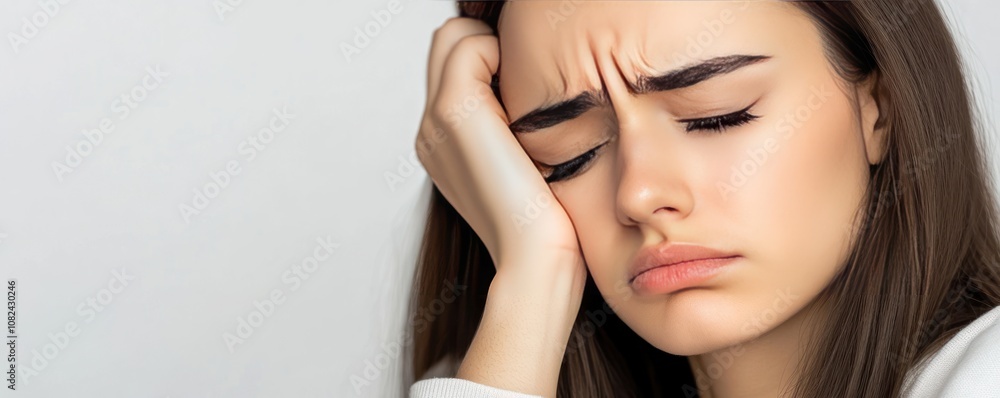 A young woman expresses frustration or sadness, resting her head on her hand.