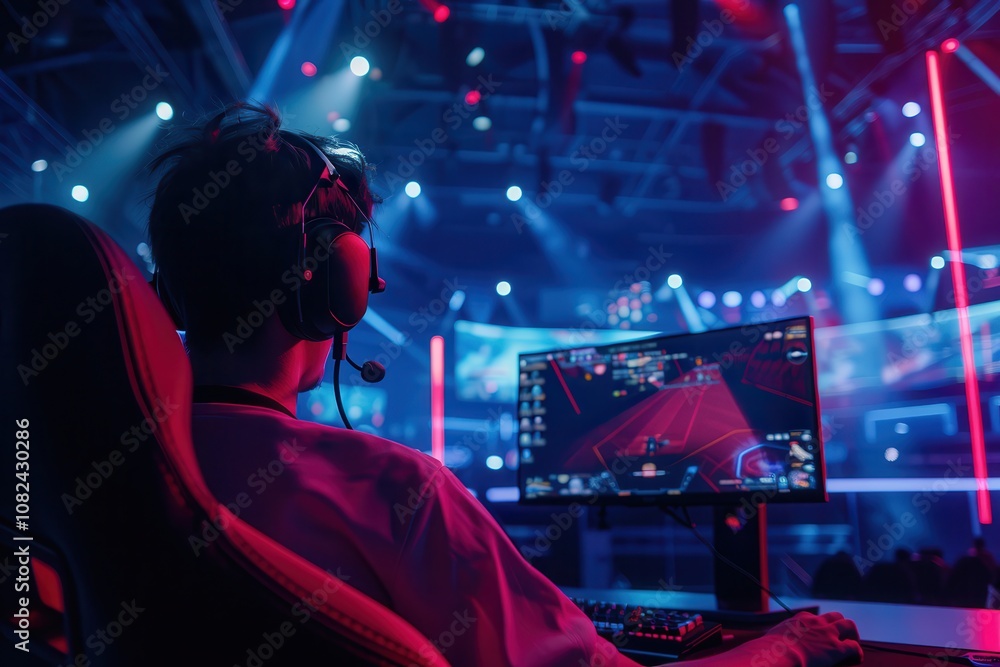 e sport EVENT live streamingA gamer immersed in an esports event, focused on the screen, surrounded by vibrant lights and sounds of competition. e sport EVENT live streamingA gamer immersed in an esports event, focused on the screen, surrounded by vibrant lights and sounds of competition.