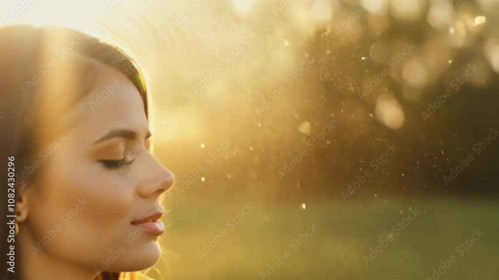 Serene woman enjoying golden sunset with sparkling light particles Serene woman enjoying golden sunset with sparkling light particles