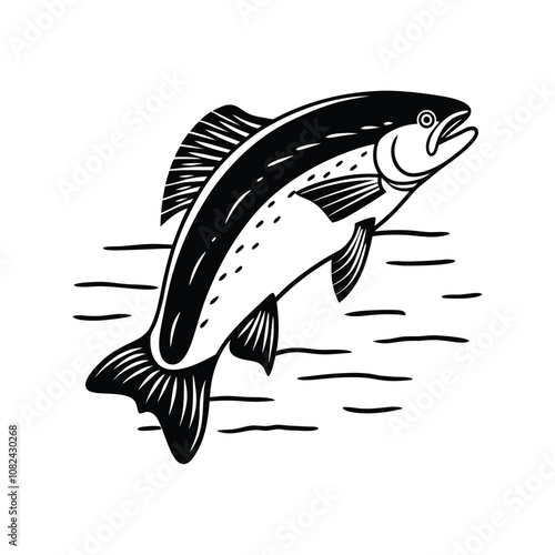 salmon fish vector design, labeled line and fill art silhouette illustration.