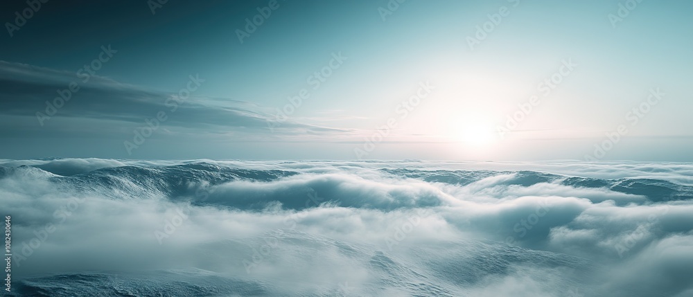 Serene winter landscape at sunrise with gentle snow-covered hills and soft clouds in a clear blue sky Serene winter landscape at sunrise with gentle snow-covered hills and soft clouds in a clear blue sky