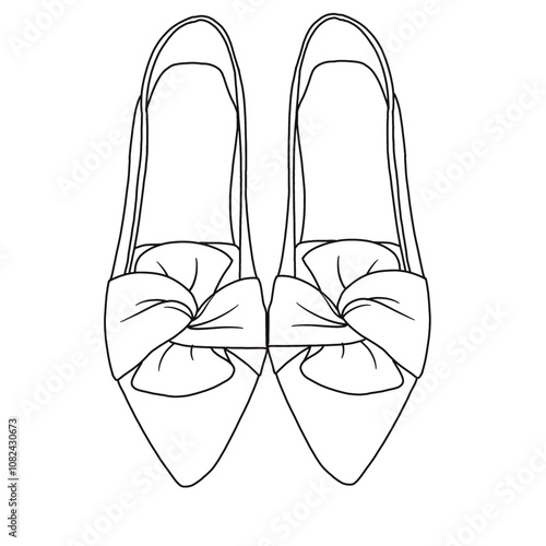 Women's  Pointed Toe Ballet Flats with Bow Comfortable Knit Dressy Flats Shoes Line art, Technical sketch hand drawing outline vector doodle top view isolated on white background