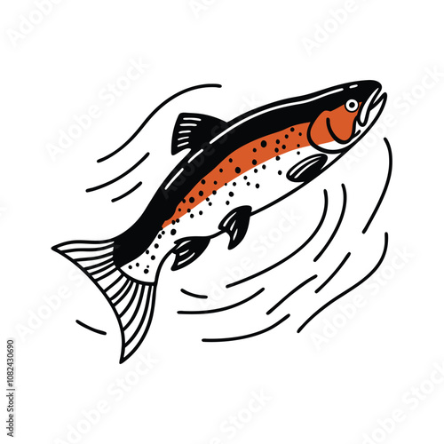 salmon fish vector design, labeled line and fill art silhouette illustration.