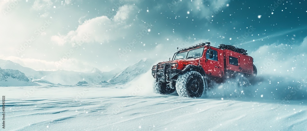 A red off-road vehicle navigates through a snowy landscape with mountains in the background on a winter afternoon A red off-road vehicle navigates through a snowy landscape with mountains in the background on a winter afternoon