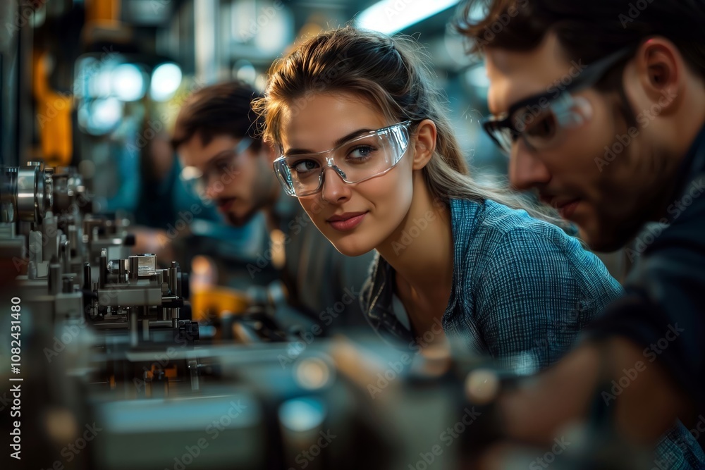 Laboratory Research Team. Scientists examine equipment in a high-tech laboratory, focusing on a female researcher. Laboratory Research Team. Scientists examine equipment in a high-tech laboratory, focusing on a female researcher.