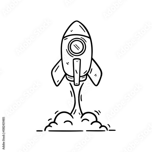 Minimalist black and white doodle of a rocket launching with smoke trails. Ideal for children's books, educational materials, or creative space themed designs in digital and print media