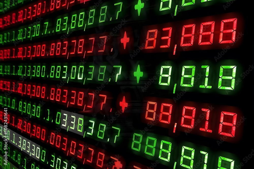 Digital stock market display showing fluctuating prices in red and green numbers. Digital stock market display showing fluctuating prices in red and green numbers.