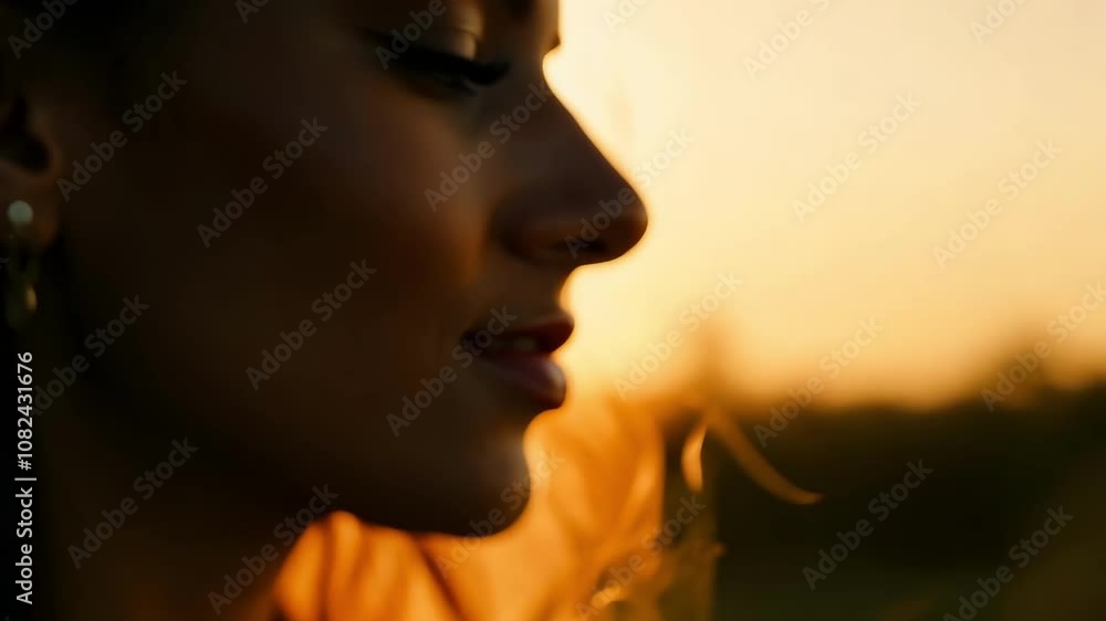 Golden hour serenity: woman's profile in sunset glow with soft lens flare effects Golden hour serenity: woman's profile in sunset glow with soft lens flare effects
