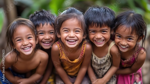 group of children laughing together during a fun outdoor activity, their faces lit up with happiness