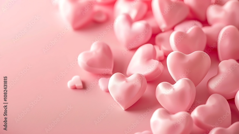 A collection of pink heart-shaped candies scattered on a soft pink surface, evoking feelings of love and affection. A collection of pink heart-shaped candies scattered on a soft pink surface, evoking feelings of love and affection.