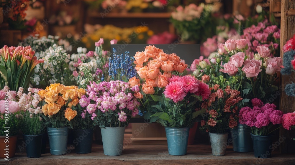 Flower Shop Display with Monitor and Tools. Generative AI Flower Shop Display with Monitor and Tools. Generative AI