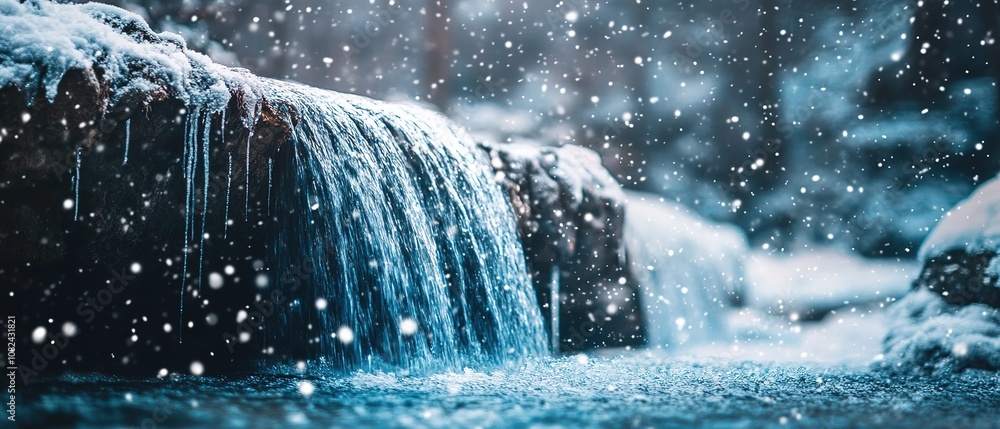 Snowflakes fall gently on rugged rocks in a serene winter landscape at twilight, creating a tranquil atmosphere in a snowy scene Snowflakes fall gently on rugged rocks in a serene winter landscape at twilight, creating a tranquil atmosphere in a snowy scene