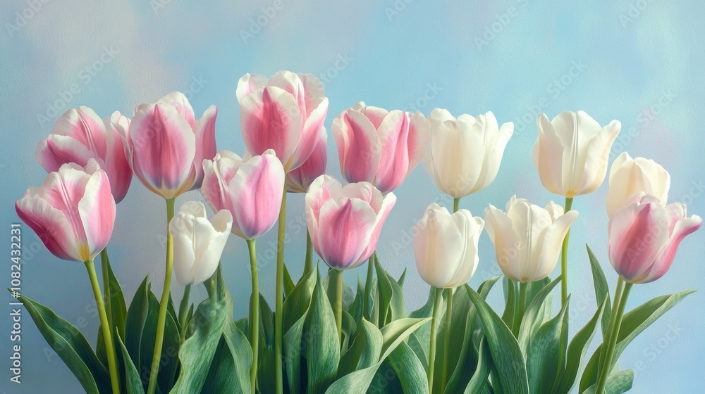 Colorful Tulips in Bloom Against Soft Background Colorful Tulips in Bloom Against Soft Background