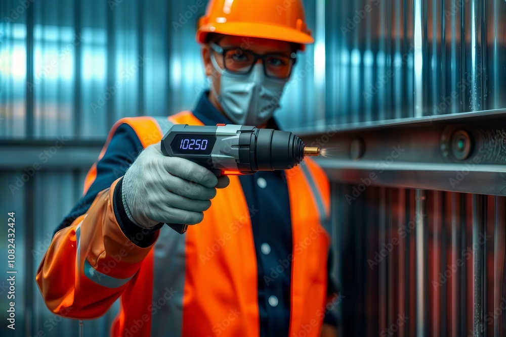 Industrial Safety Inspector. Worker wearing protective mask and orange hard hat using digital measurement tool in industrial setting. Industrial Safety Inspector. Worker wearing protective mask and orange hard hat using digital measurement tool in industrial setting.
