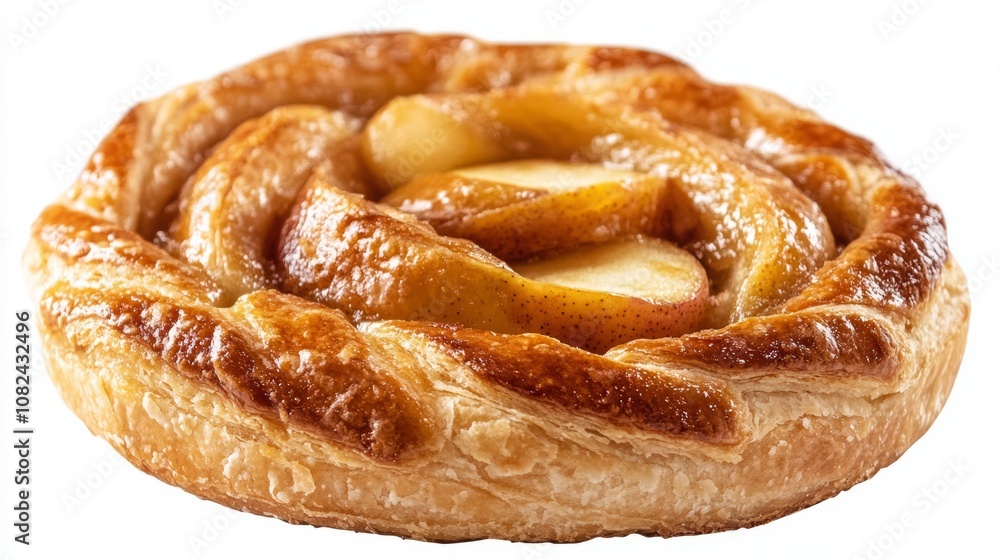 A single, fragrant pastry bun filled with halved apples. The bun is shown up close against a white background. A single, fragrant pastry bun filled with halved apples. The bun is shown up close against a white background.