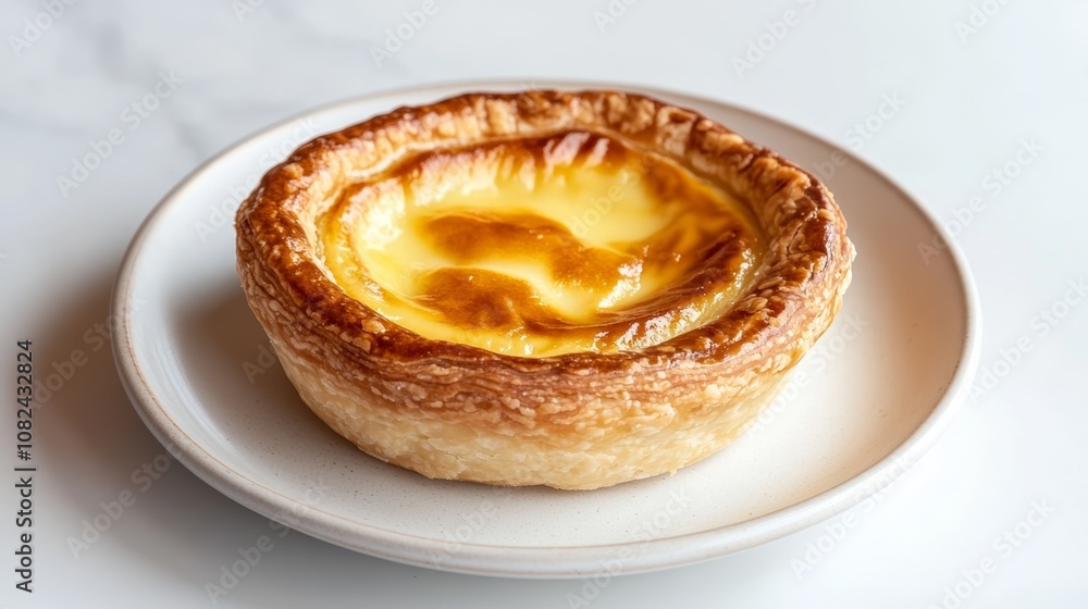 A single Pastel de nata, a Portuguese custard tart, sits on a white plate. This small pie has a flaky, crispy crust and a creamy custard filling. A single Pastel de nata, a Portuguese custard tart, sits on a white plate. This small pie has a flaky, crispy crust and a creamy custard filling.