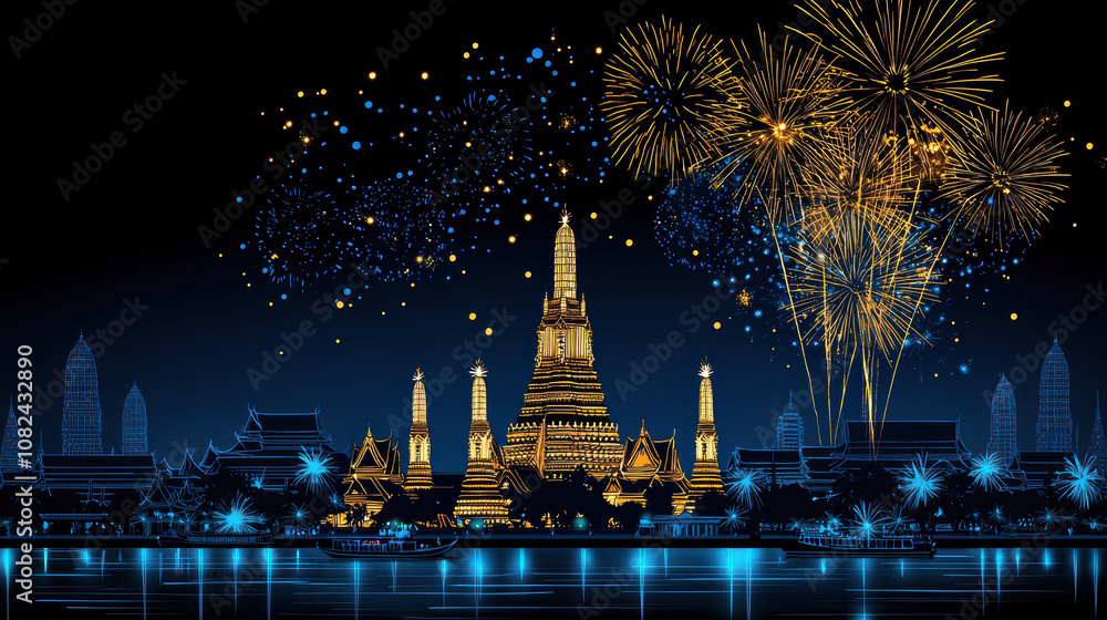 Naklejka premium vibrant illustration of Thai temple illuminated by fireworks, showcasing festive atmosphere. scene captures beauty of traditional architecture against night sky