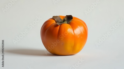 A single persimmon fruit, with its vibrant orange color, is shown against a plain white backdrop. photo