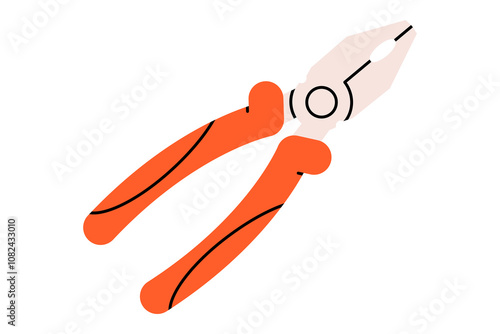 Hand drawn cute cartoon illustration of linesman pliers instrument. Flat vector repair tool in doodle style. Support service hardware icon. Settings or fix problem. Find solution. Isolated.