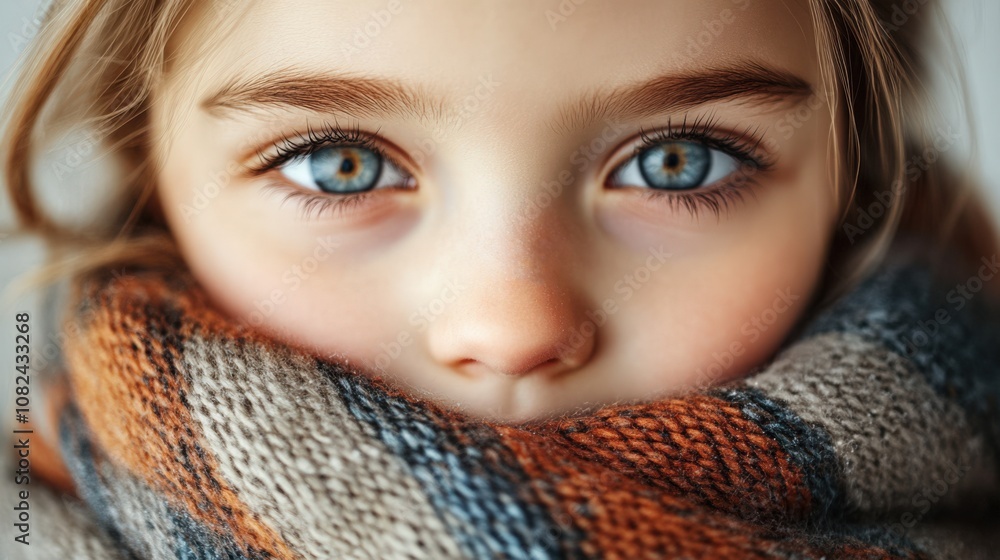 Intimate Portrait of Girl with Striking Blue Eyes and Cozy Scarf Intimate Portrait of Girl with Striking Blue Eyes and Cozy Scarf