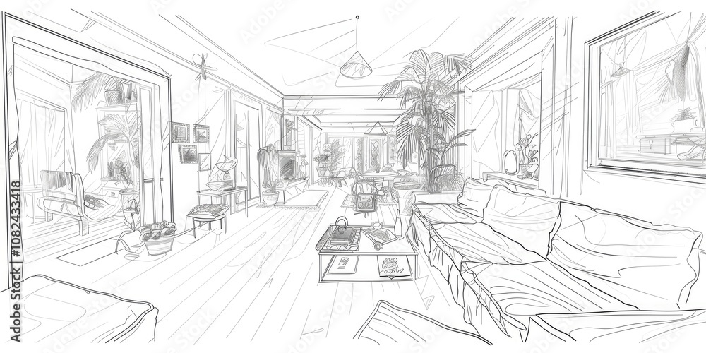 An interior design sketch with artistic lines of a bohemian living space An interior design sketch with artistic lines of a bohemian living space