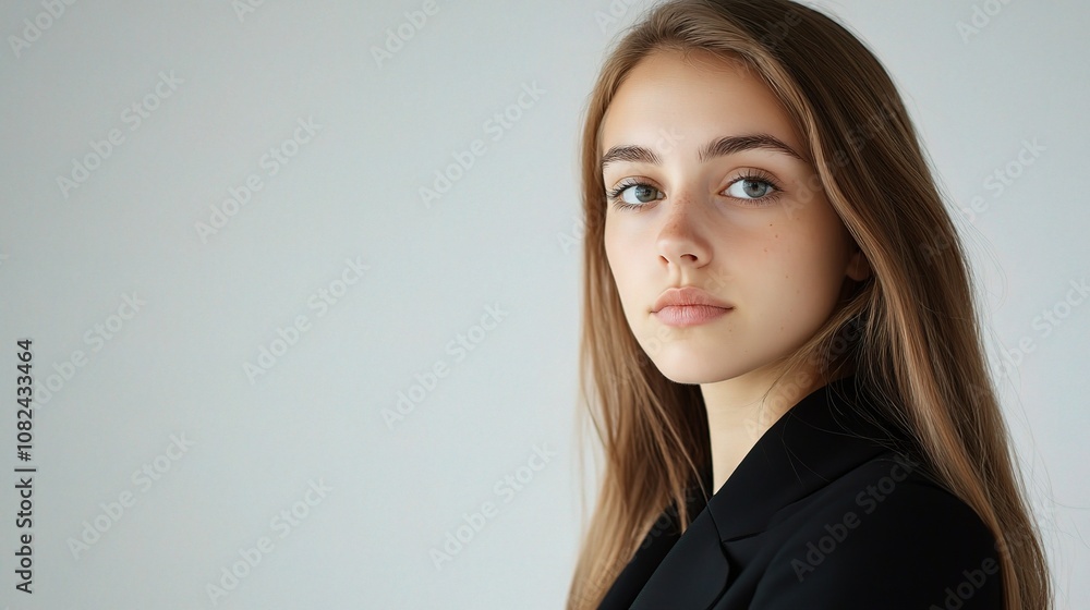 Young Businesswoman Portrait on a White Background, Professional Look with Long Hair and Natural Makeup, Captivating and Inspiring Confidence for Corporate Imagery Young Businesswoman Portrait on a White Background, Professional Look with Long Hair and Natural Makeup, Captivating and Inspiring Confidence for Corporate Imagery
