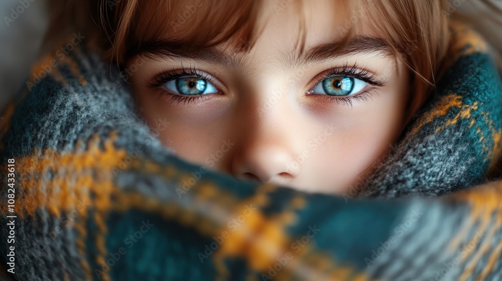 Captivating Close-Up of a Child's Eyes Wrapped in a Cozy Scarf Captivating Close-Up of a Child's Eyes Wrapped in a Cozy Scarf