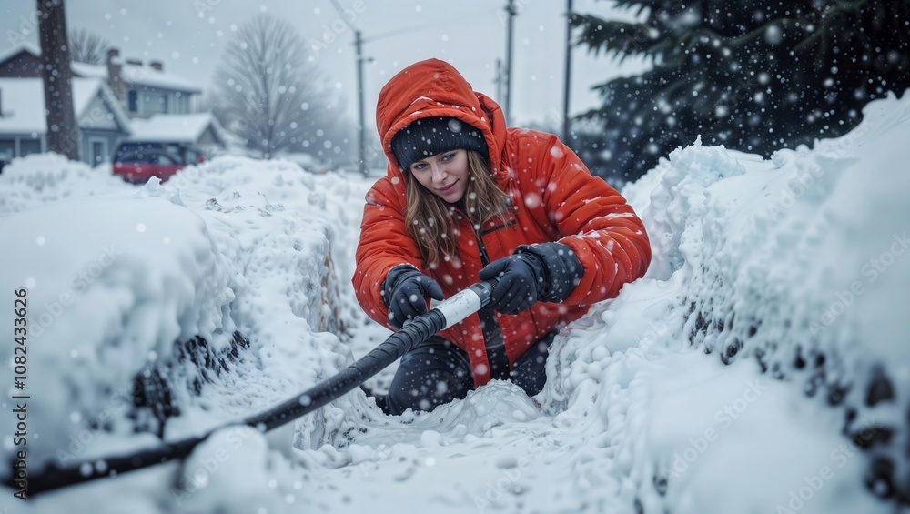 Shoveling Snow. Woman in red jacket shoveling snow during a snowstorm in a residential neighborhood. Shoveling Snow. Woman in red jacket shoveling snow during a snowstorm in a residential neighborhood.