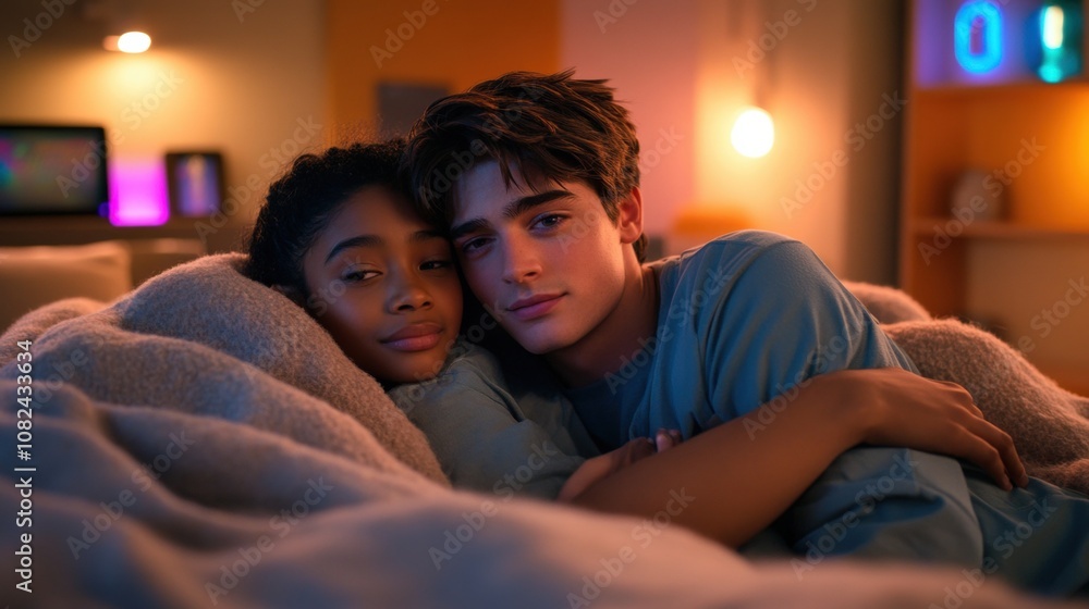 Cozy Indoor Moment Between Two Young Friends Wrapped in a Blanket with Warm Lighting, Enjoying Time Together in a Relaxed Environment Cozy Indoor Moment Between Two Young Friends Wrapped in a Blanket with Warm Lighting, Enjoying Time Together in a Relaxed Environment