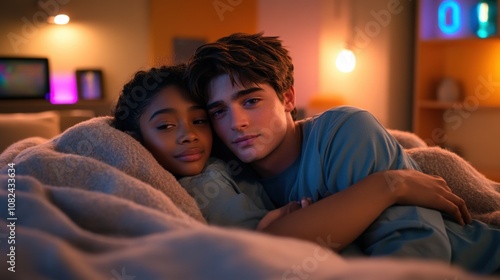 Cozy Indoor Moment Between Two Young Friends Wrapped in a Blanket with Warm Lighting, Enjoying Time Together in a Relaxed Environment