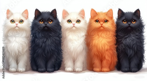 Five fluffy kittens in different colors sitting in a row.