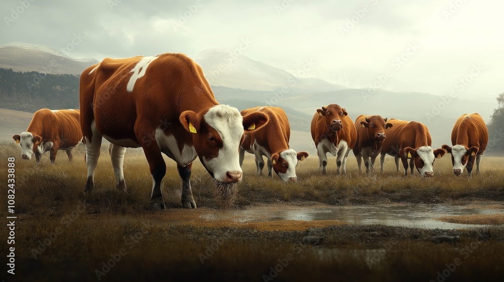 Herd of brown and white cows grazing in a scenic mountain landscape near a small pond, with hills and cloudy sky in the background. Herd of brown and white cows grazing in a scenic mountain landscape near a small pond, with hills and cloudy sky in the background.