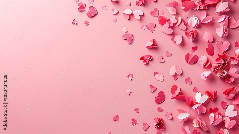 A collection of pink and red paper hearts scattered on a soft pink background, symbolizing love and affection. A collection of pink and red paper hearts scattered on a soft pink background, symbolizing love and affection.