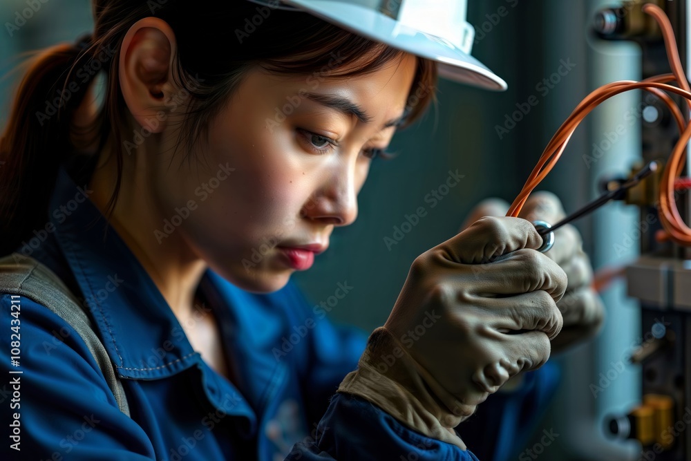 Female electrician at work. A young woman in a hard hat and gloves carefully works on electrical wiring in an industrial setting, showcasing focus and expertise. Female electrician at work. A young woman in a hard hat and gloves carefully works on electrical wiring in an industrial setting, showcasing focus and expertise.